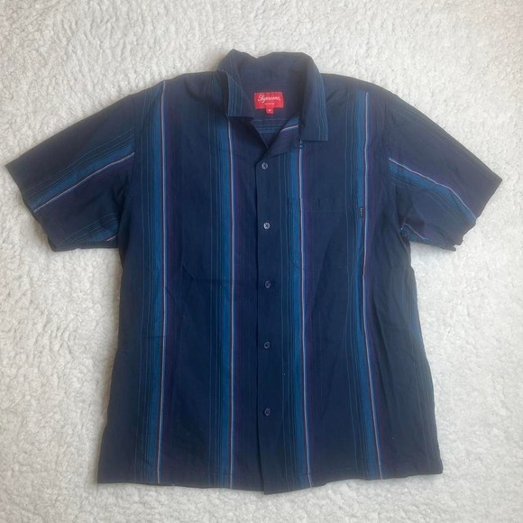 Supreme blue striped men's button up‎ shorts sleeve streetwear - Picture 2 of 5